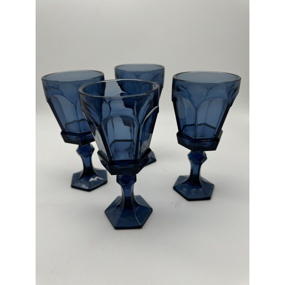 Fostoria Virginia Dark Blue Set 4 Claret Footed Wine Goblet Glasses 6 1/2” Tall